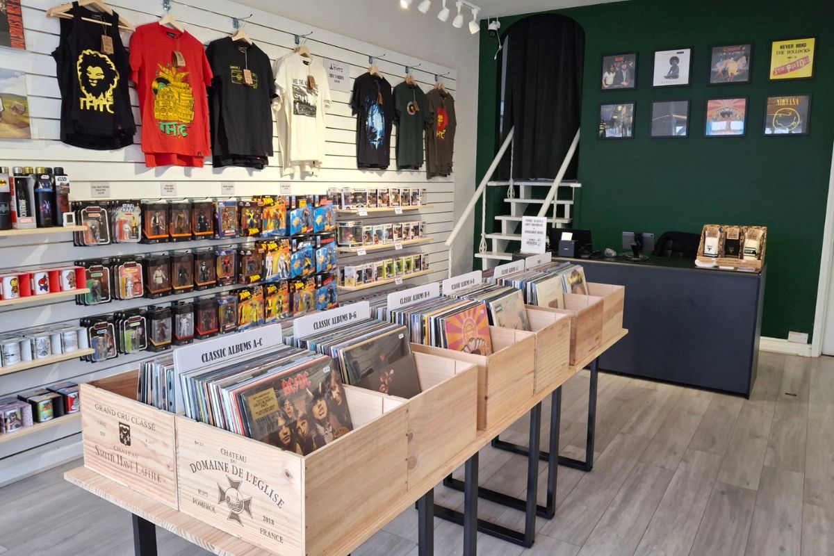 Funky Seagull store interior with merchandise on shelves and a counter displaying records.